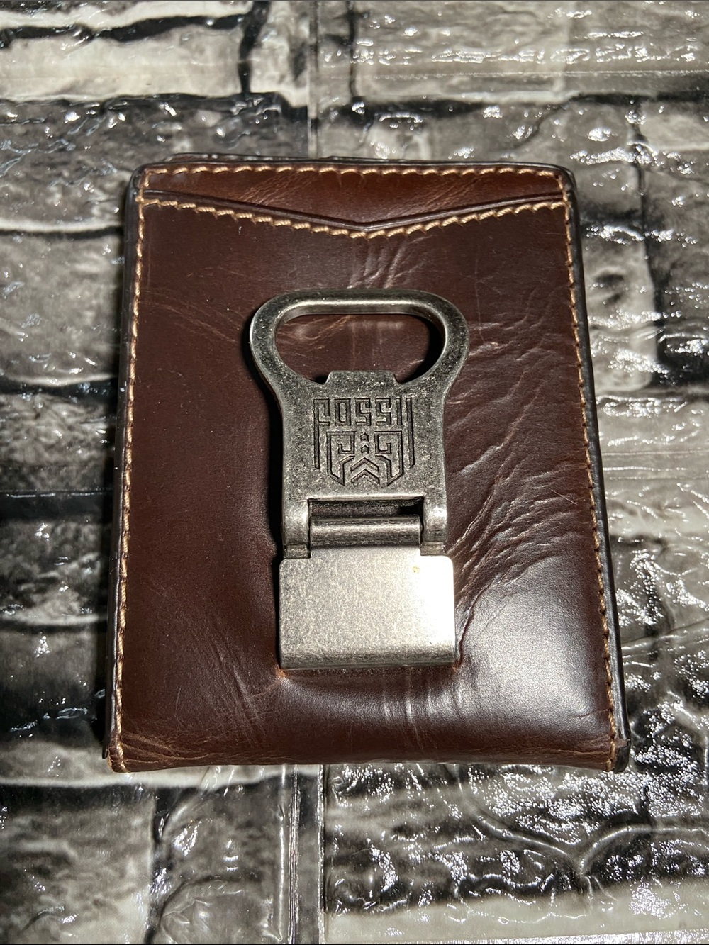 Fossil Leather Wallet with Money clip/bottle opener